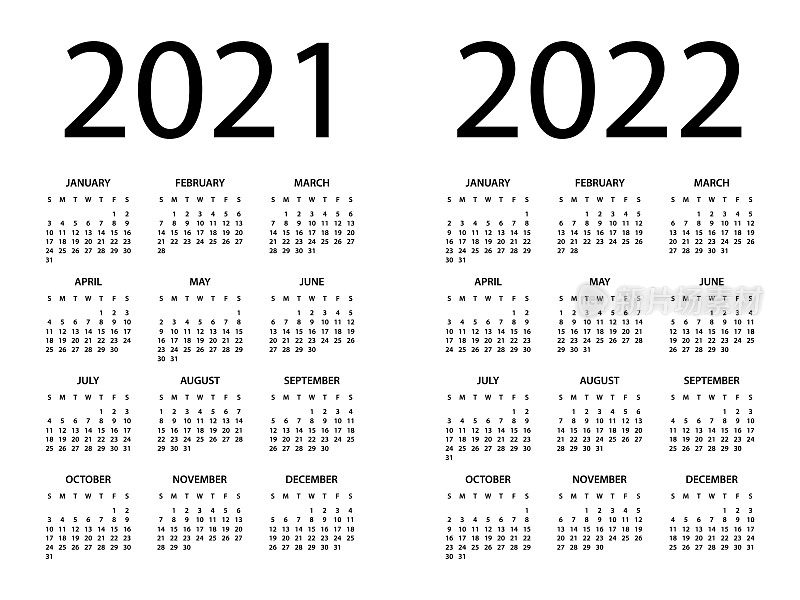 日历2021 2022 -简单布局插图。一周从周日开始。日历设定为2021年2022年